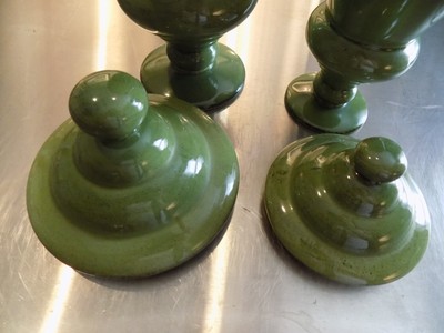 Set of 2 Green Glass Containers/Urns w/ Tops Decorative 9