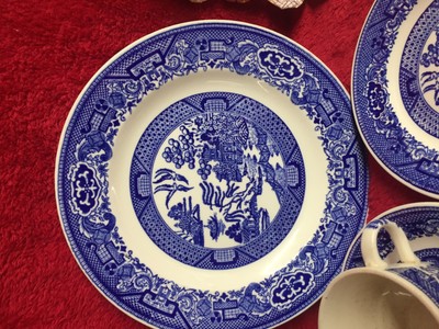 Vintage 4 Pc Set Blue Willow Tea Cup Saucer Dessert & Dinner Plate Detailed