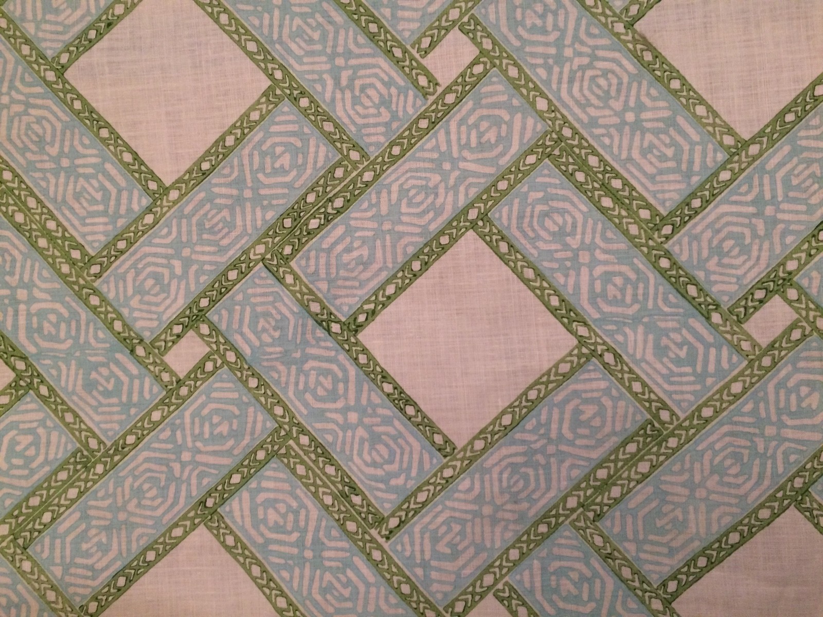 GALBRAITH & PAUL Parquet blue green white linen hand blocked new 10+ yards