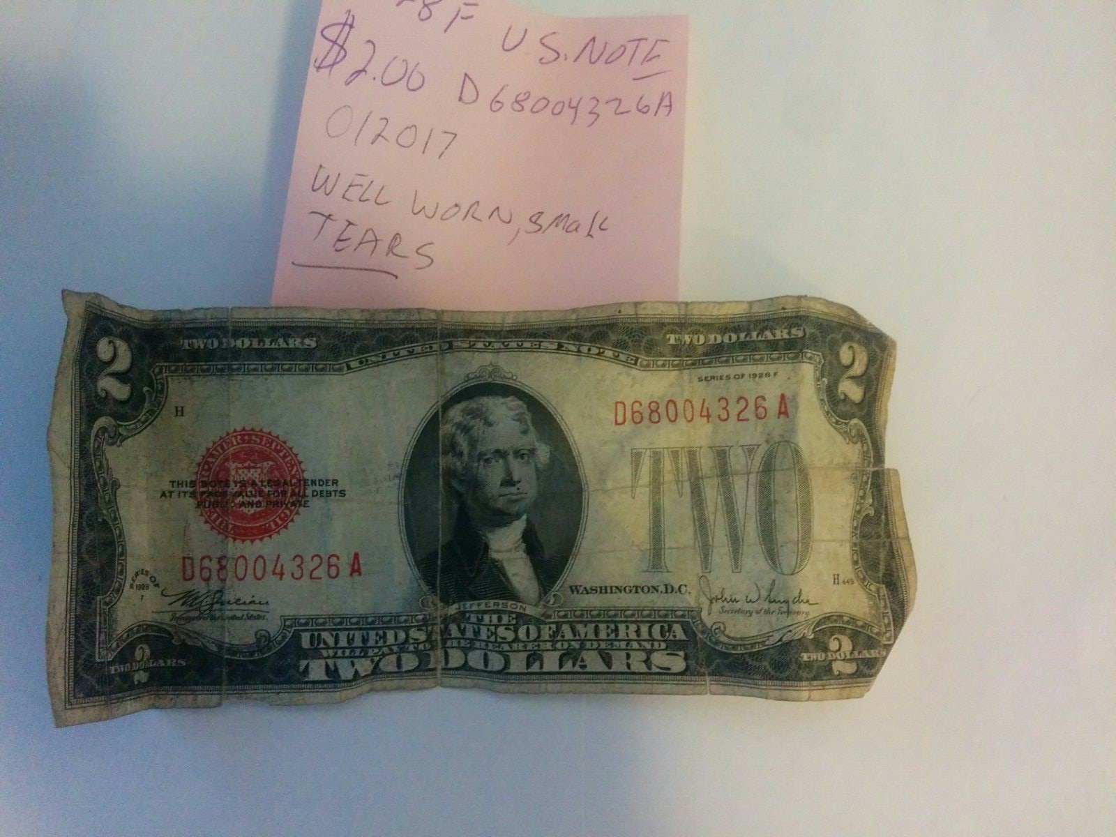 1928F UNITED STATES  NOTE $2.00   WELL WORN 012017