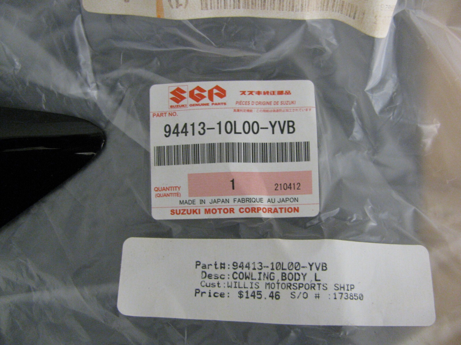 94413-10L00-YVB COWLING,BODY,L (BLACK) | BODY COLOR:B5L Used OEM Suzuki Part 94413-10L00-YVB COWLING,BODY,L (BLACK) | BODY COLOR:B5L Used OEM Suzuki Part