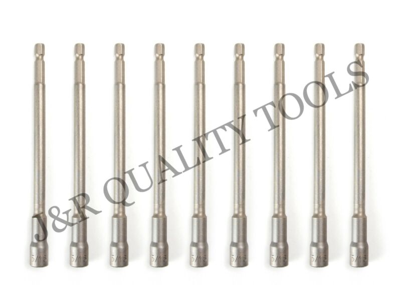 5/16" 10pc 6" Long Magnetic Nut Driver 1/4" Hex Quick Change Shank Drill Set 