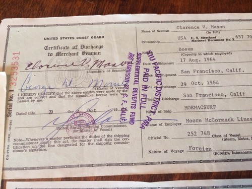 5 1964 U.S. Coast Guard Certificate of Discharge Merchant Seaman Steam Vessels