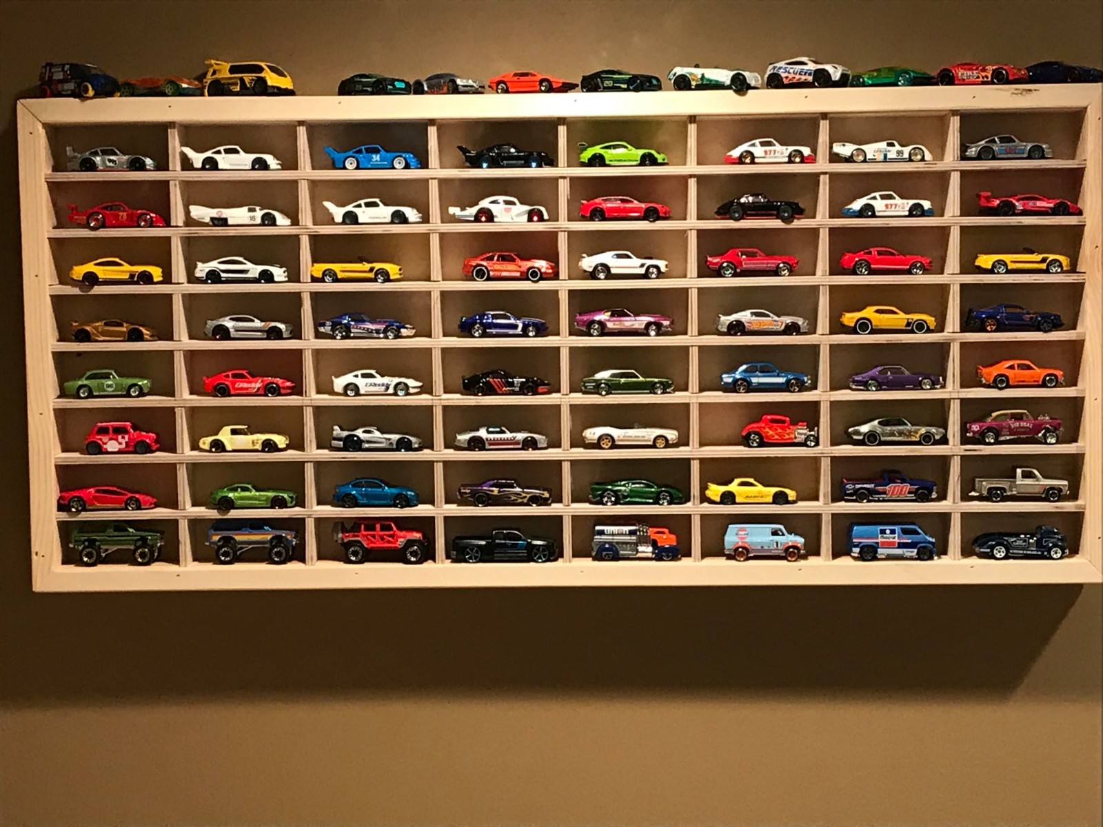 Hot wheels display case , custom made wood case that holds 64 cars