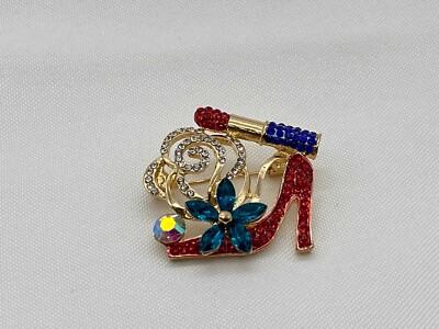 Gold Tone & Rhinestone Lipstick High Heel Fashion Pin 1.25''