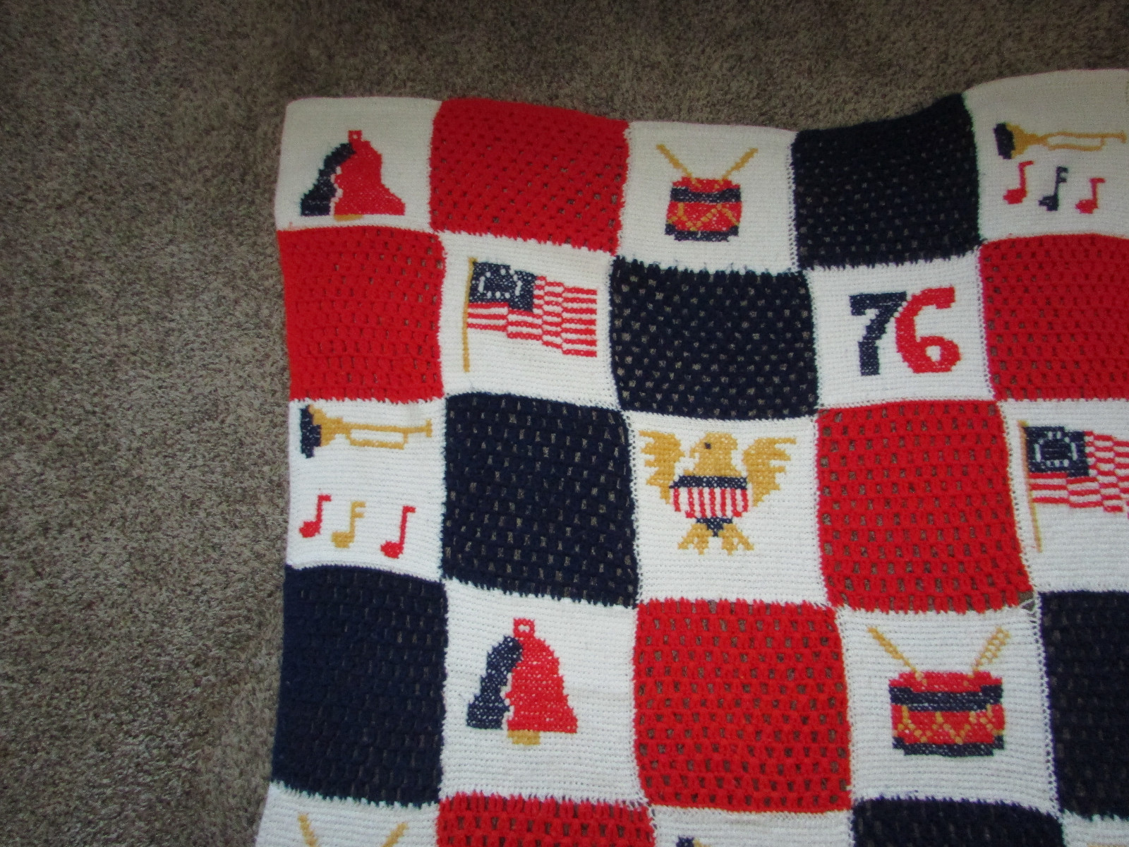 Vintage Bicentennial Red White & Blue Afghan 45 x 60 From Smoke Free Home