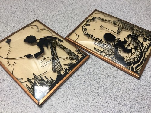 2 vintage Children reverse painted convex glass silhouette pictures Kite Garden