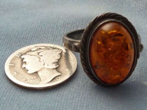 Vintage Sterling Ring, with 14 X 9mm Amber Cabochon, Size 7