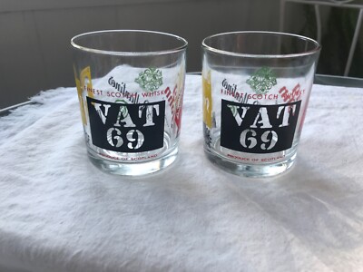 2 Vintage Scotch Whisky Vat69 Long John Ballantines White Horse Scotland Glasses