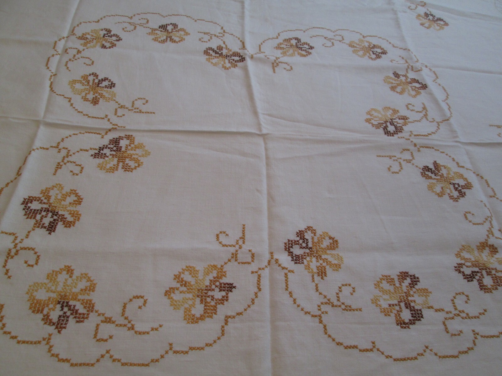 Vintage Cloth TableCloth  Linen Hand Cross Stitch Floral Gold Brown Tan Wheat