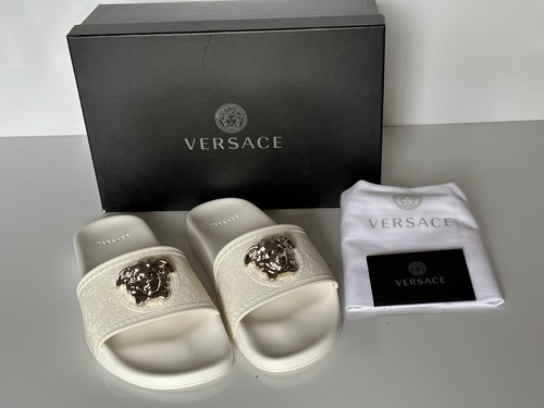 Pre-owned Versace $425  Medusa Head Slides Sandals White 11 Us (41 Eu) Dsr262cn It