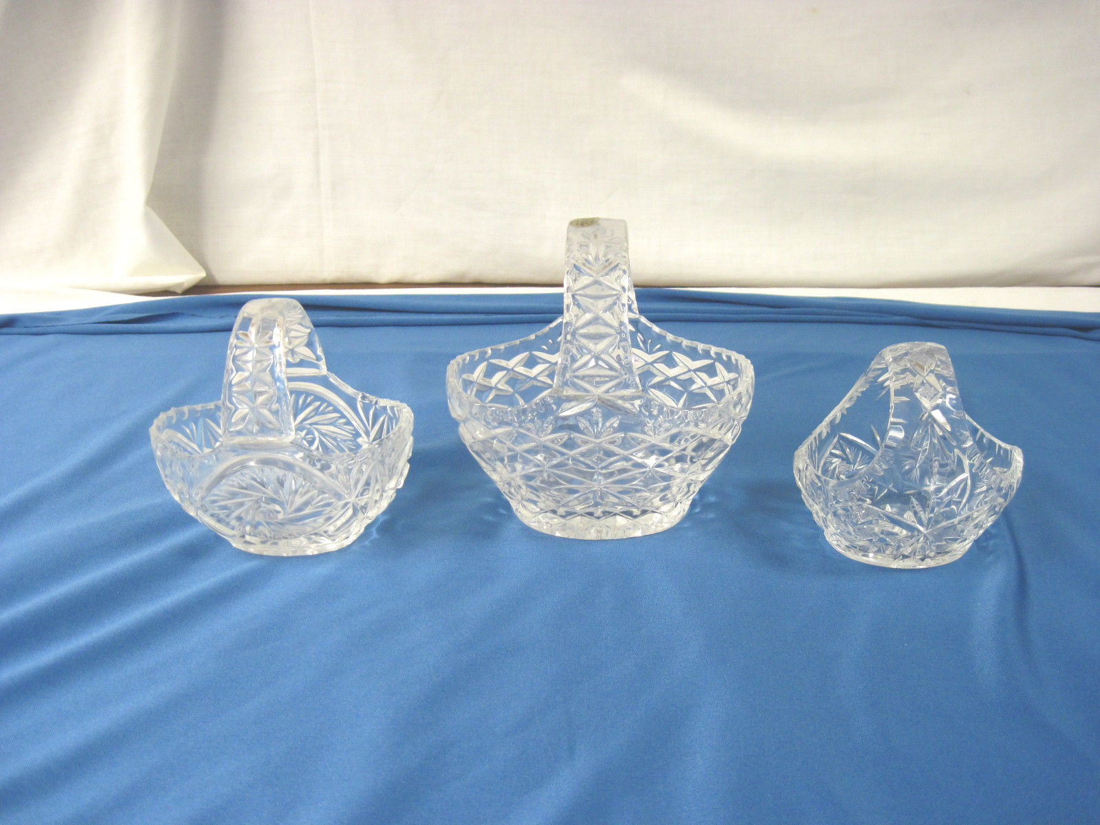 3 Lead Crystal Baskets with Handles Heavy Clear Cut Glass