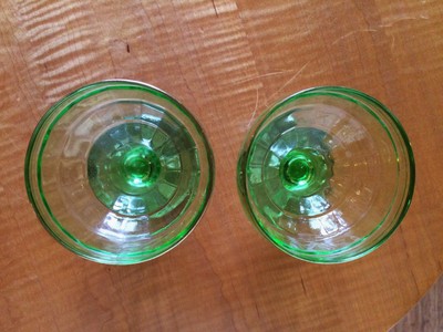 2 Vintage Green Vaseline Depression Glass Sherbert Dessert Footed Dish Optic
