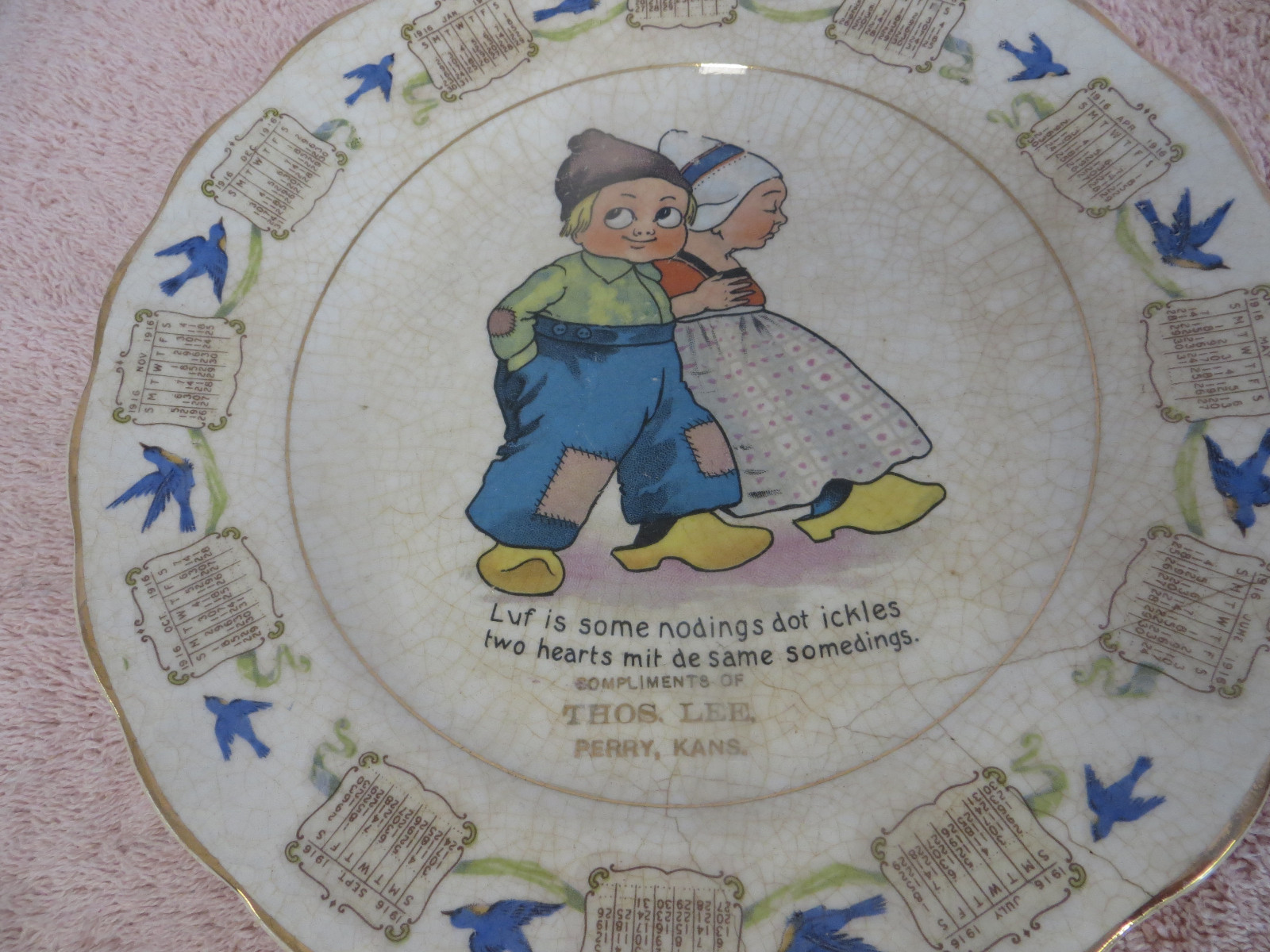Vtg Antique Advertising Plate - 1916 Calendar  - Dutch - Thos. Lee - Perry KS