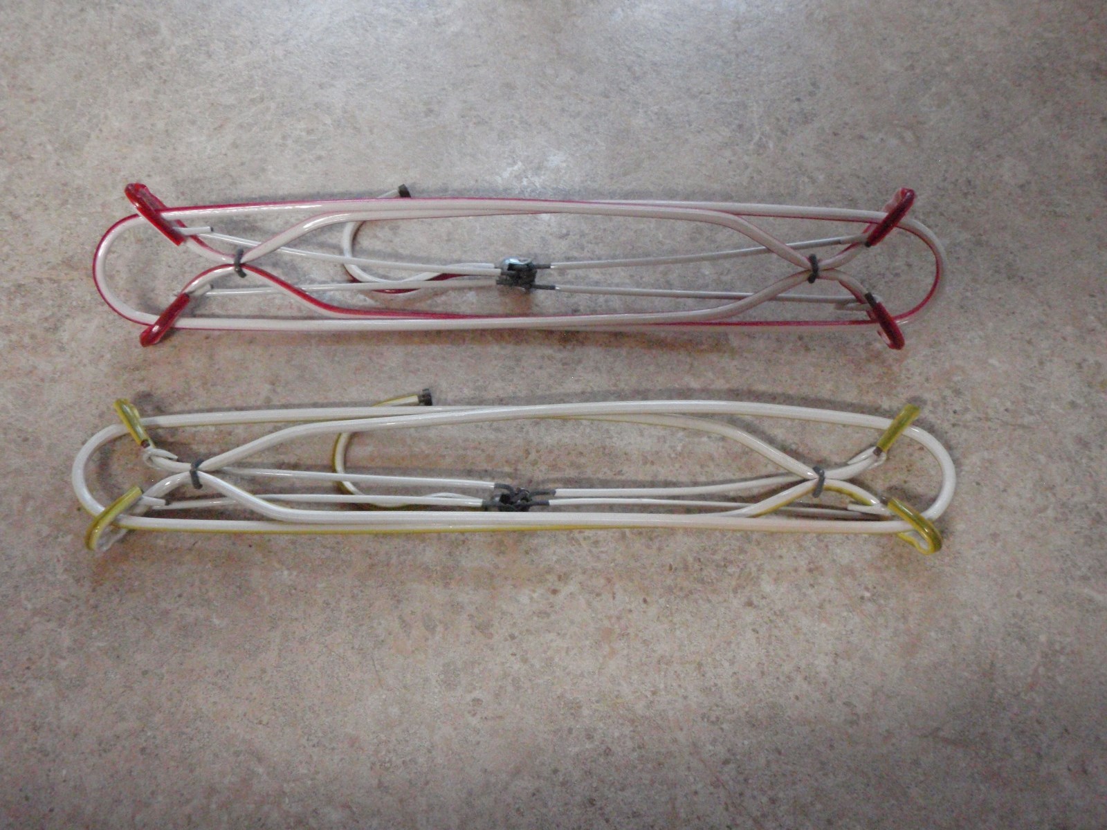 2 Rare Vintage Clothes Hangers Vinyl Covered Wire Folding Adjustable Unusual Lot