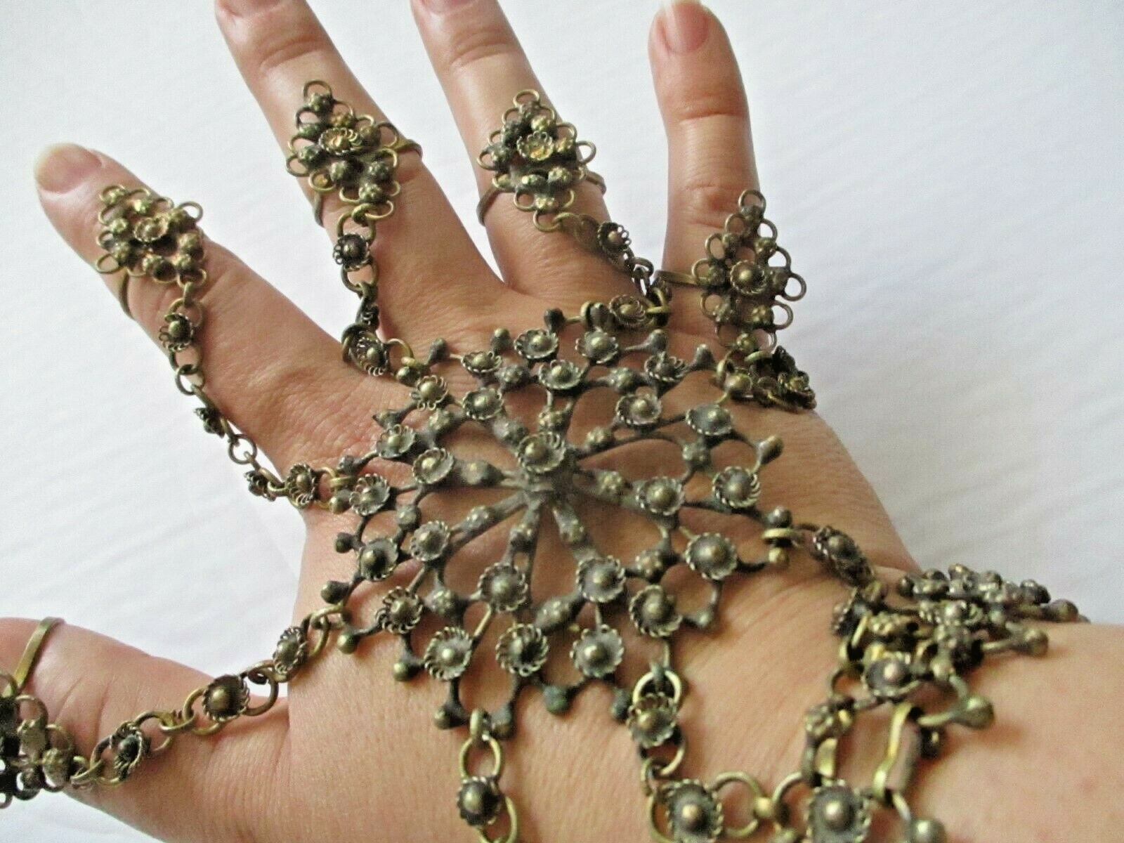 Antique Brass Slave Bracelet Hash Panja Hand Flower Yemeni Harem Bronze Rings