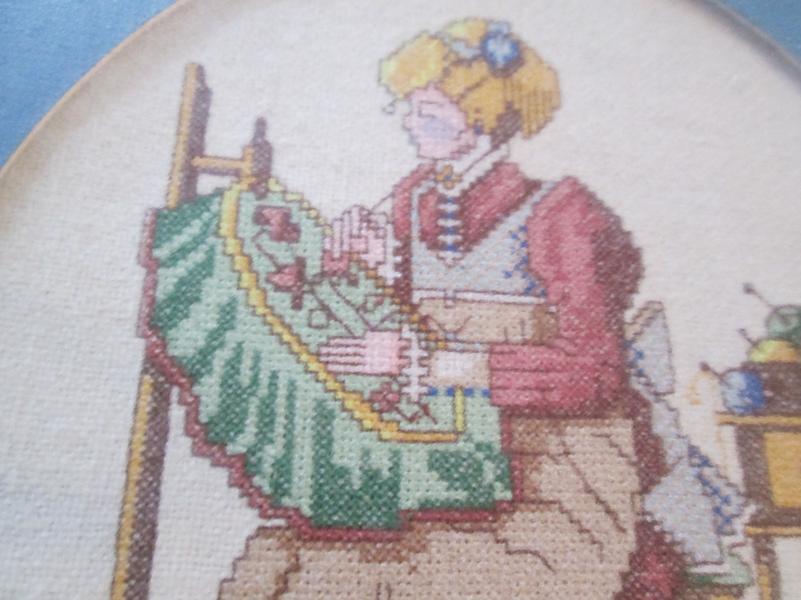 Completed Matted Framed Large Cross Stitch Lady Sewing Quilting Embroidery