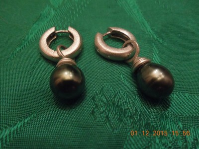 18k Brushed Gold Diamond  Hoops with Baroque Tahitian Pearl Dangles Earrings