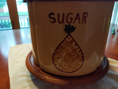 Vintage Ceramic 4 Canister Set On Lazy Susan Midcentury style spins Wooden Lid.