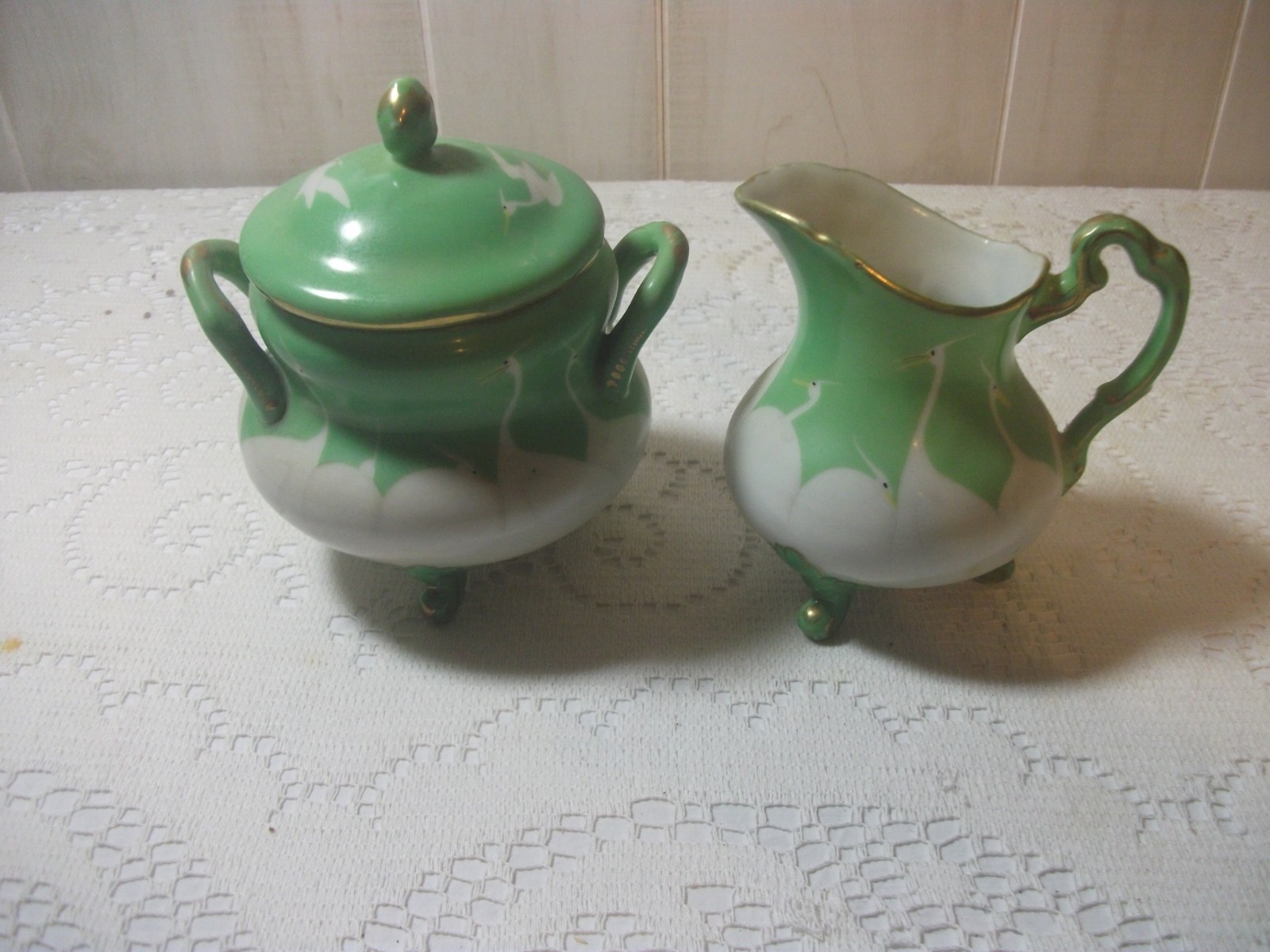 Antique - Vintage Sugar & Creamer Green & White Bird Design
