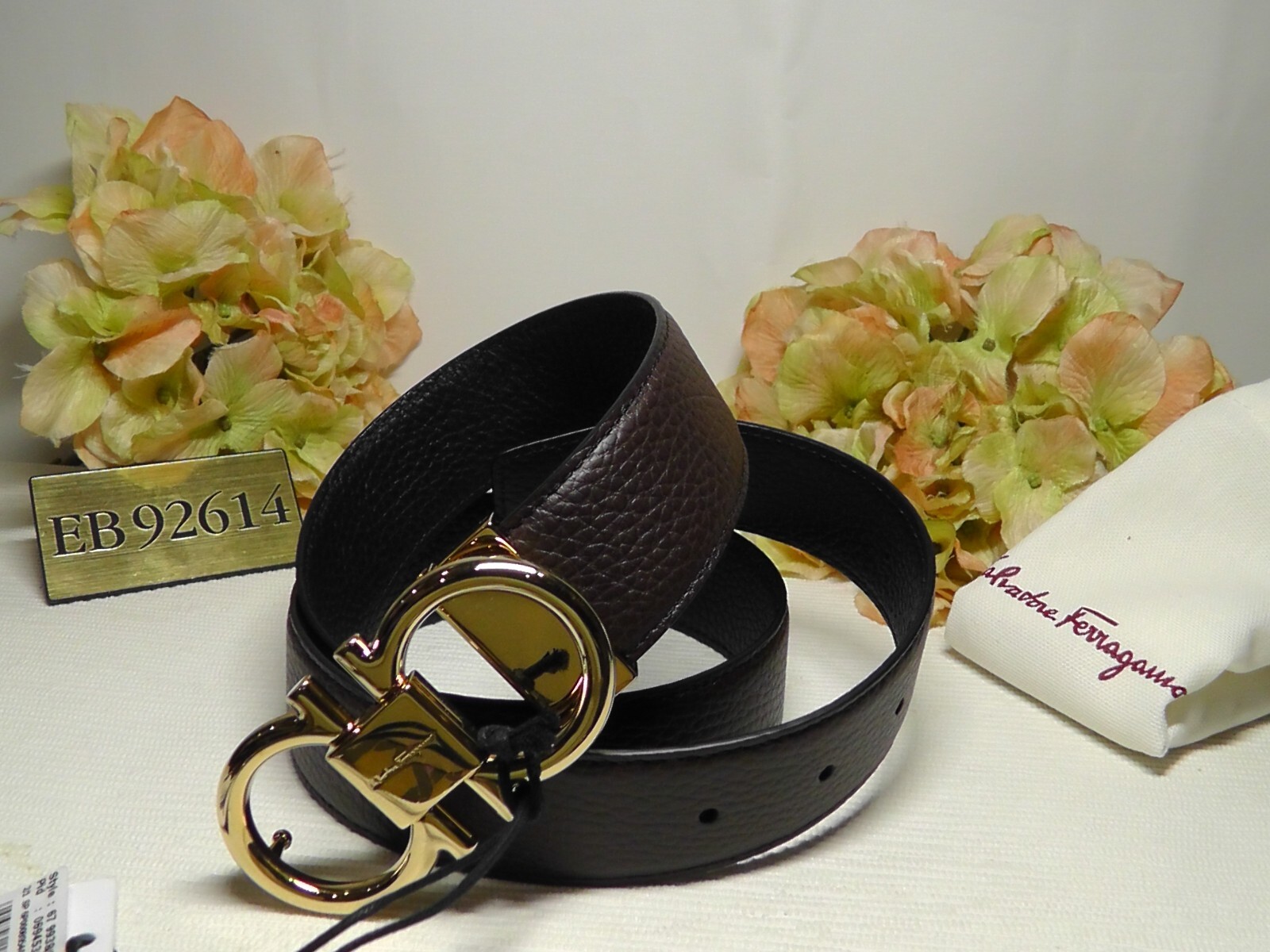ベルト SALVATORE FERRAGAMO Brown Leather Reversible Belt Salvatore Ferragamo Double Gancini Gunmetal Buckle Black