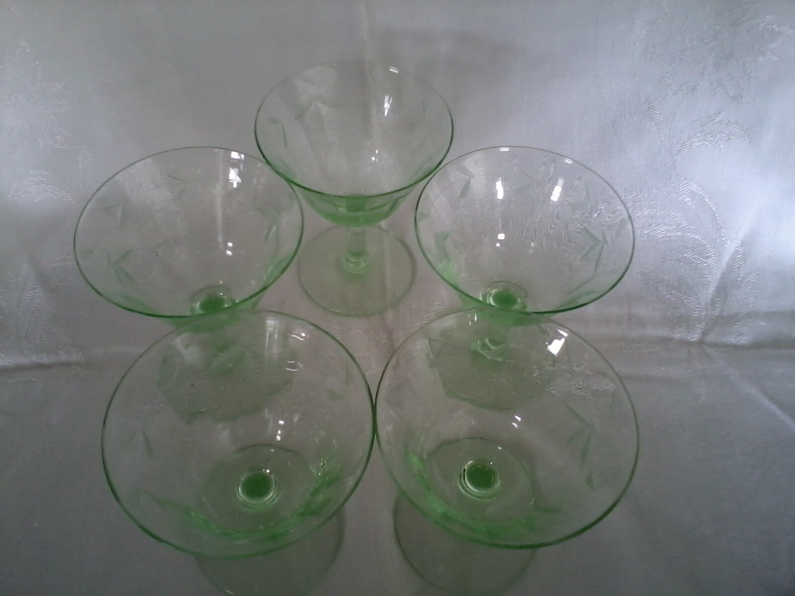 5 GREEN DEPRESSION GLASS WINE GLASSES ETCHED FLOWERS, MAYBE CHAMPAGNE