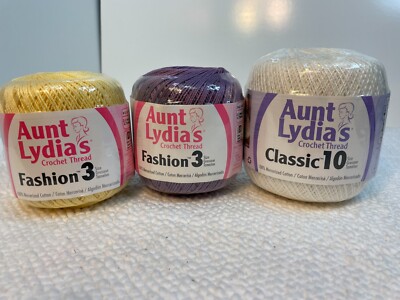 Aunt Lydia's Crochet Thread 3 Cakes: Yellow Purple White Super Fine Weights 1&0