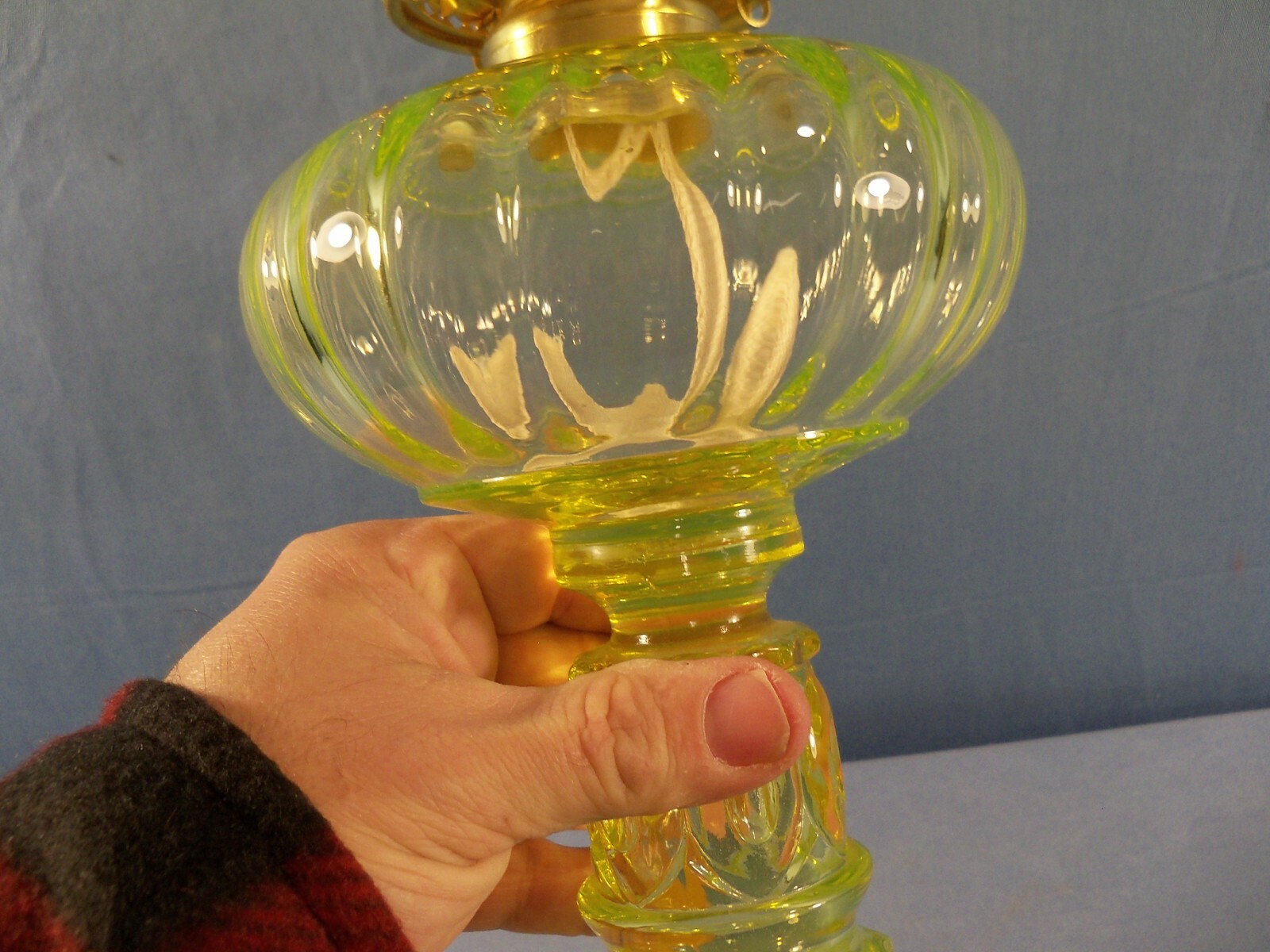 Large Mosser Vaseline Glass Oil Lamp - No Chimney