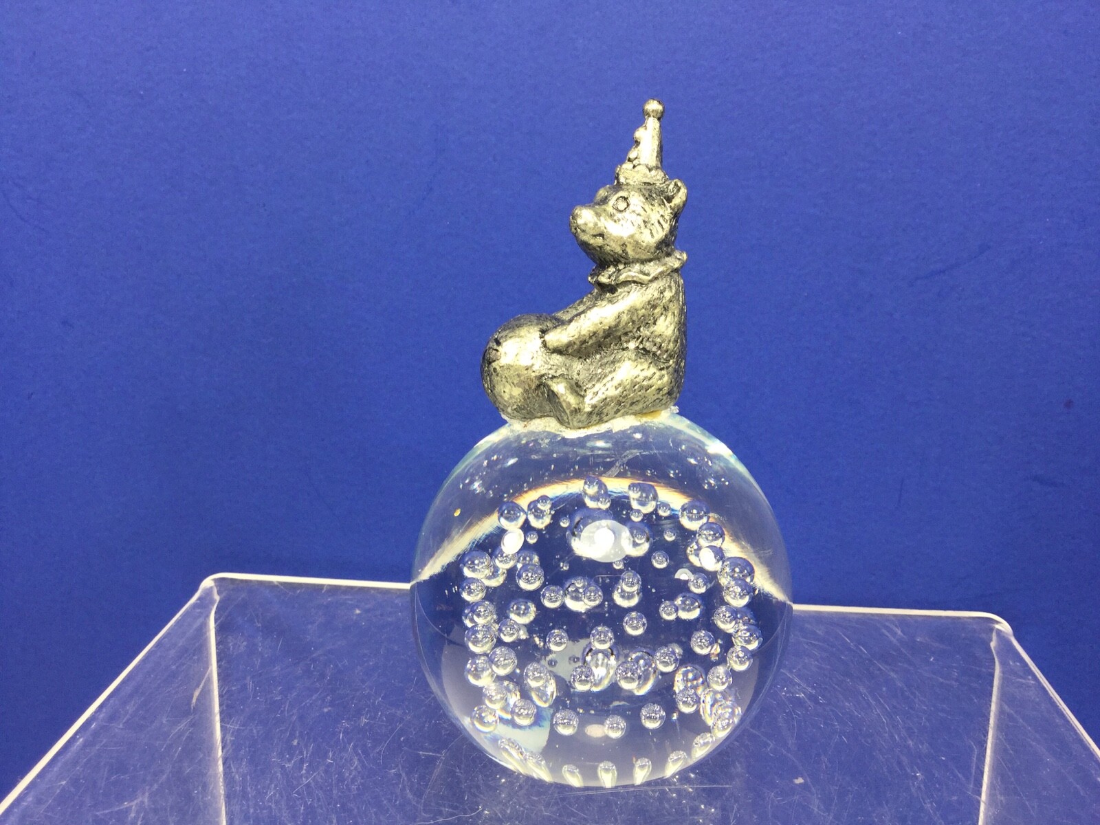 Vintage, Clear Glass Paperweight w/ Bubbles and a Circus Bear Sitting on Top