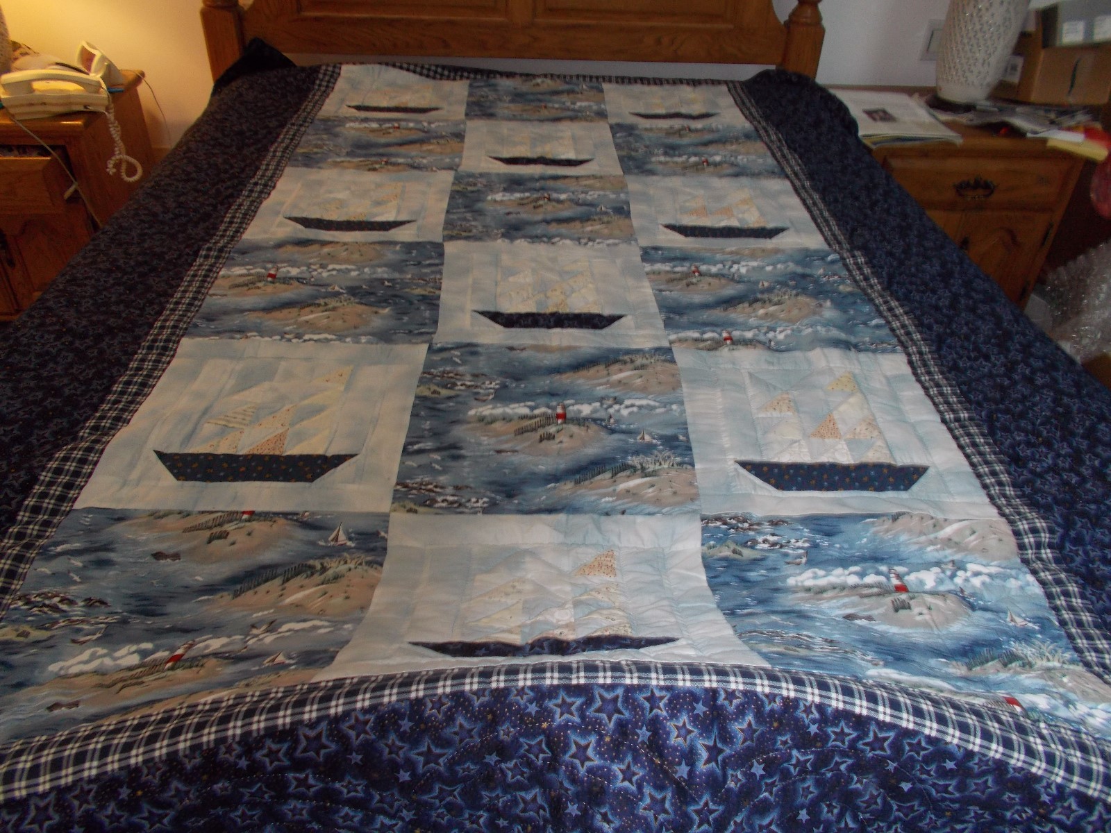 Large Handmade Lancaster Quilt with Seascape/Boat Pictures, Very Nautical