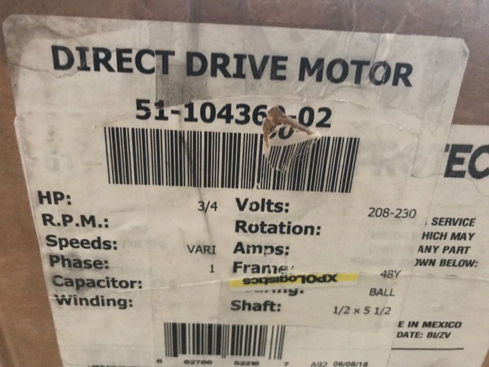 Blower Motor 3/4 Hp 51-104360-02