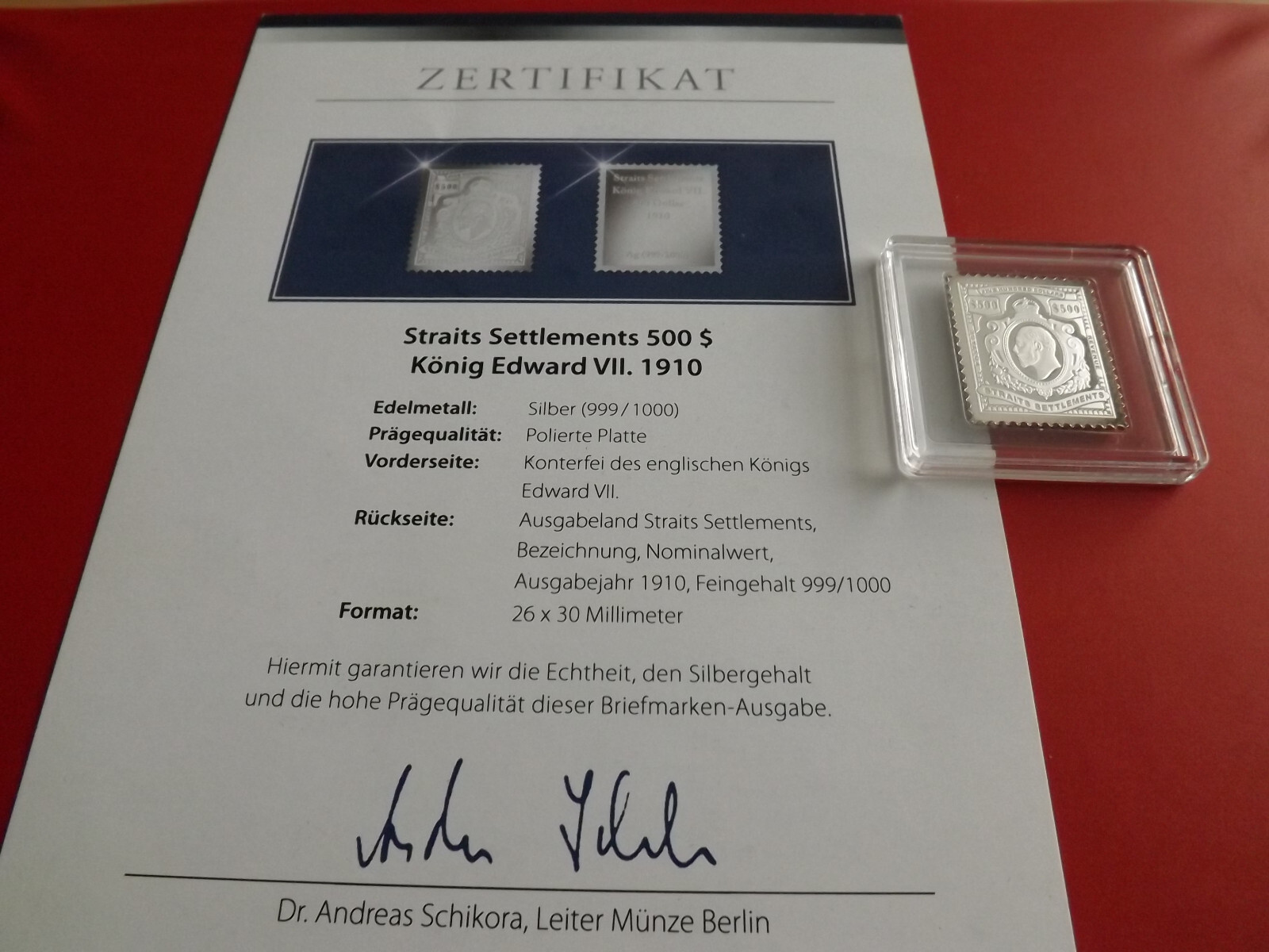 Silberbriefmarke (999)*Straits Settlements 500 $ 1910 Edward