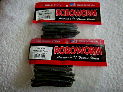 (LOT OF 2)-ROBOWORM NED WORM 3'' N3-F6FB-8 AARONS GREEN PUMPKIN TOTAL 16 BAITS