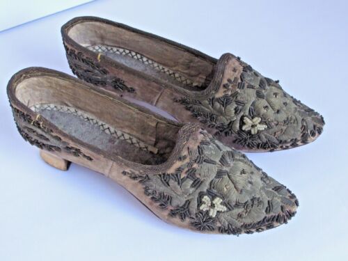 Antique 18th c. Ladies Shoes Velvet, Gold Thread, Seed Pearls Museum Quality