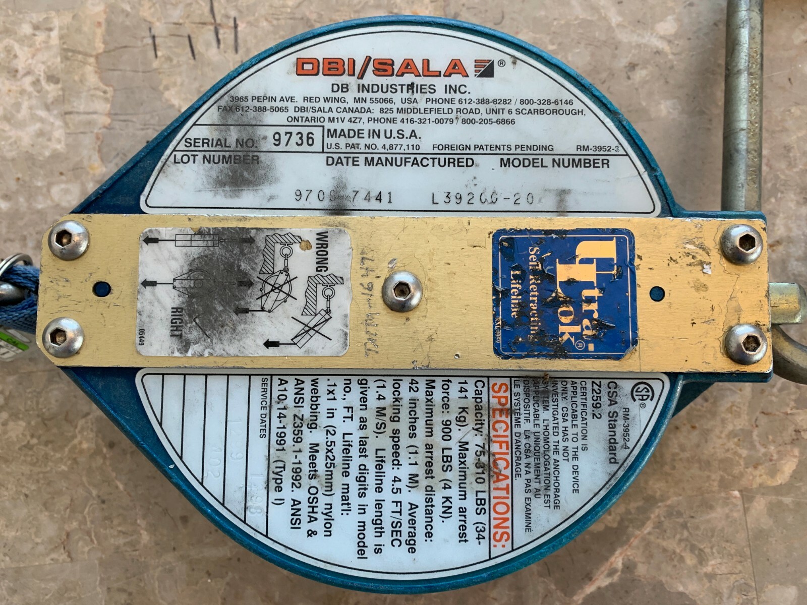 DBI Sala Ultra-Lok Self Retracting Lifeline, 20 Ft., Model L3920G-20 (Used)