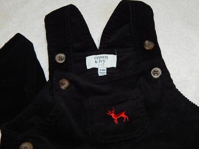 NWOT Crown and Ivy Boys 3-6 Months Black Corduroy Overalls with Deer Applique Ho