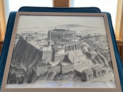 Ancient Greek Acropolis of Athens Pencil Drawing Realistic Large 22x14.375in