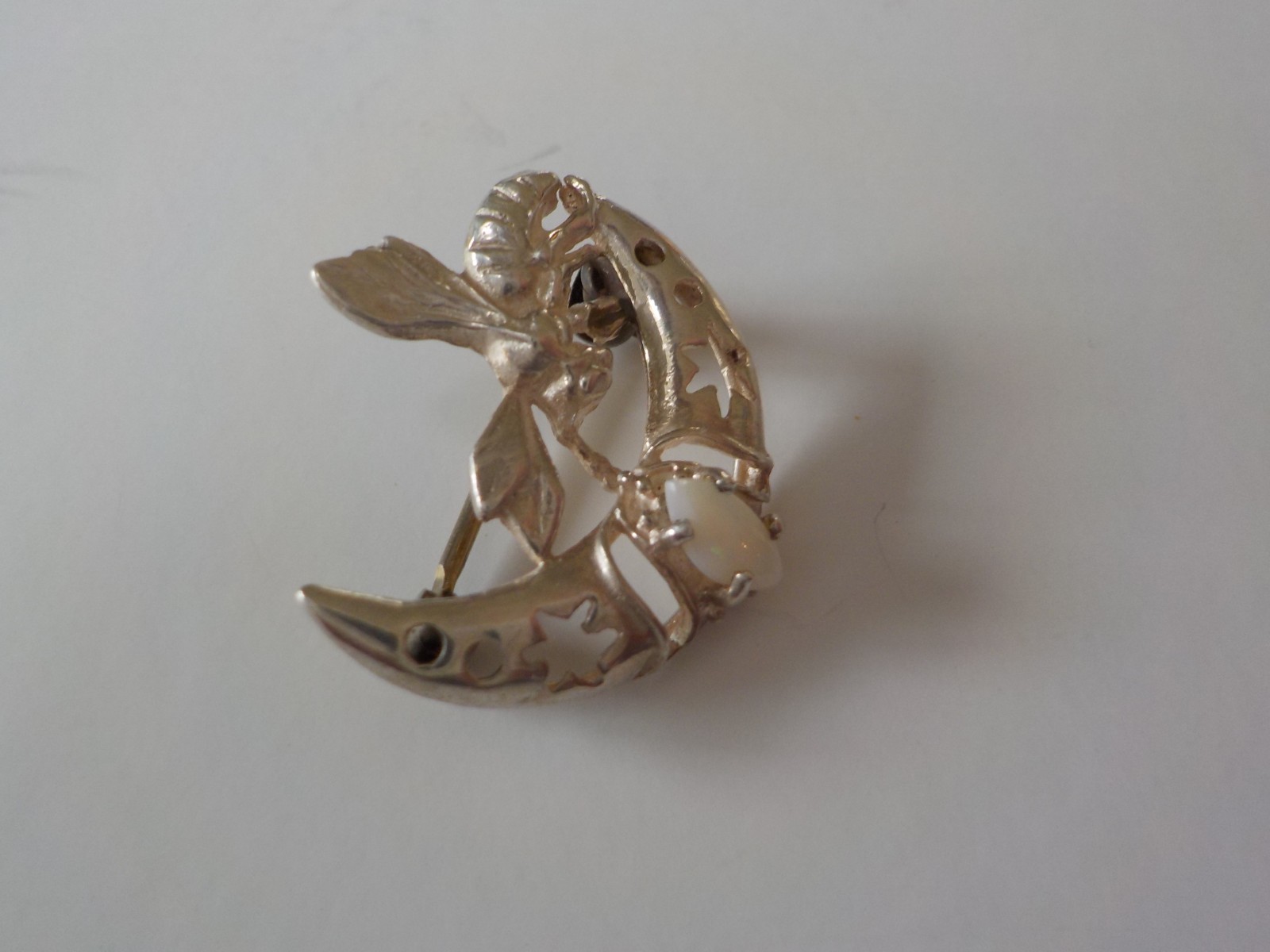 Sterling Silver and opal women's pin Bee or Hornet flies to a crescent moon