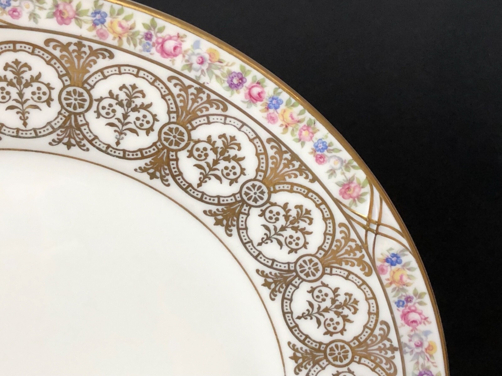 Lot of 2 KPM Royal Ivory Sussex 10&1/4” Dinner Plates Floral Gold Circles & Rim