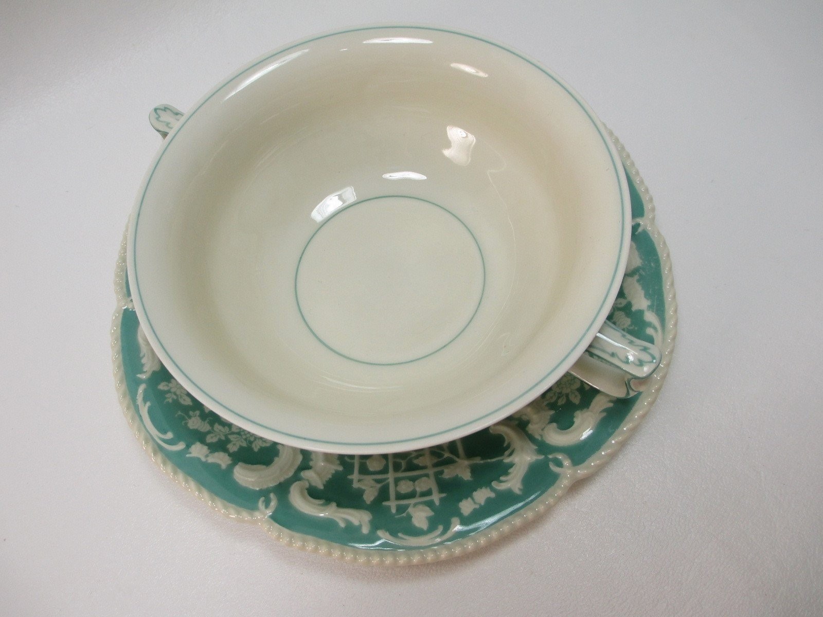 Rosenthal Sanssouci Soup Bowl Saucer Teal Ivory High Baroque Revival Relief 1925