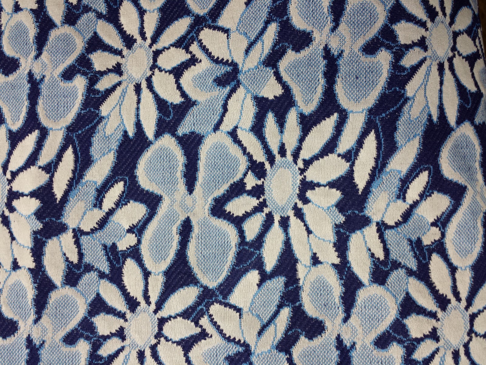 Fabric 65 x 63 Knit Floral Vtg Polyester Flower Blue White Hippie Medium Weight