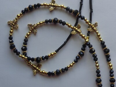 BEE BEES HONEYBEE BUMBLE BEE GOLD BLACK BEADED LANYARD ID BADGE HOLDER NECKLACE