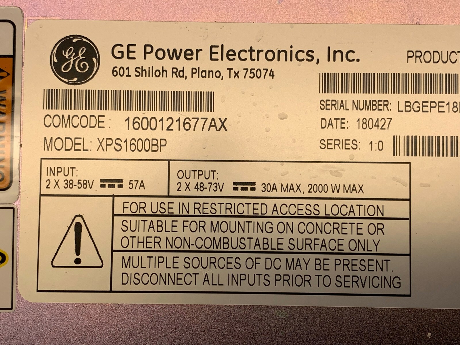 GE POWER ELECTRONICS XPS1600BP 1600121677AX