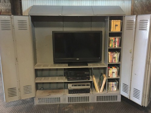 Vintage Gym Lockers Re purposed Entertainment Center  Industrial Steel Cabinet