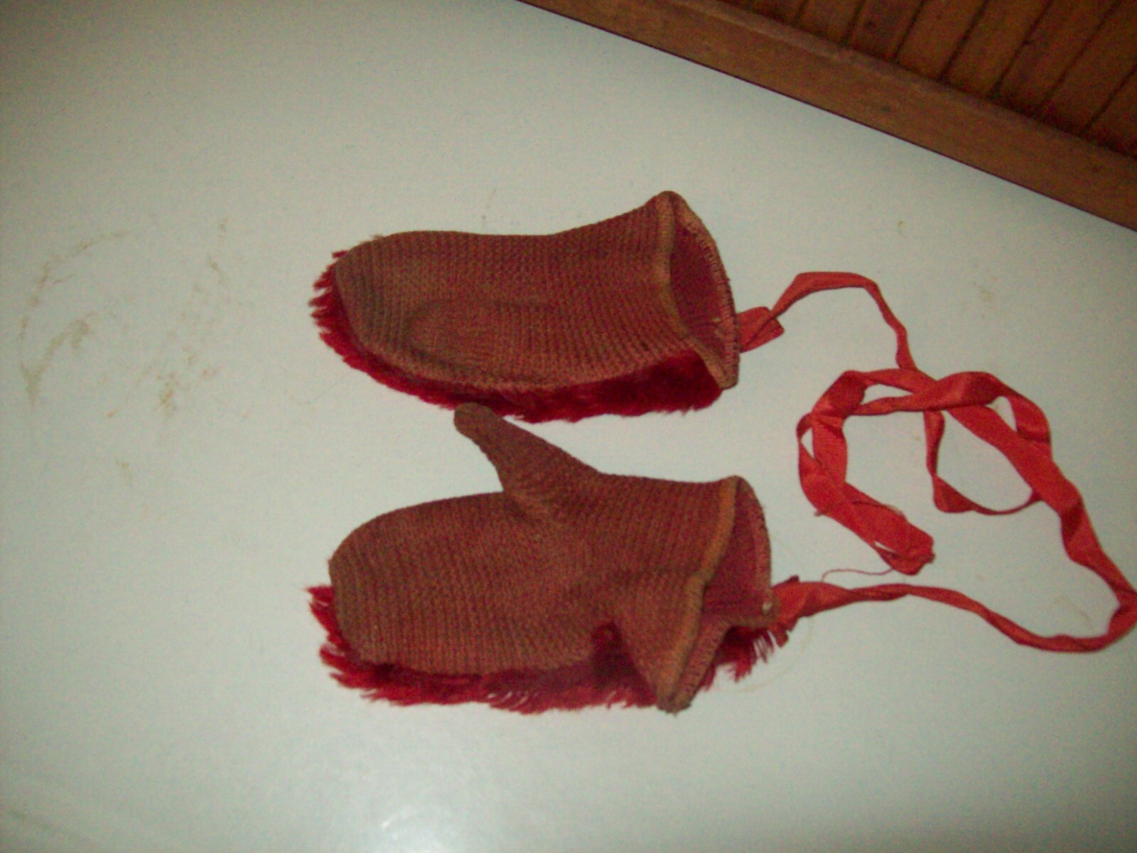 AAFA Early Childs Red Mittens--Knitted Wool-Horsehair Fur Upper