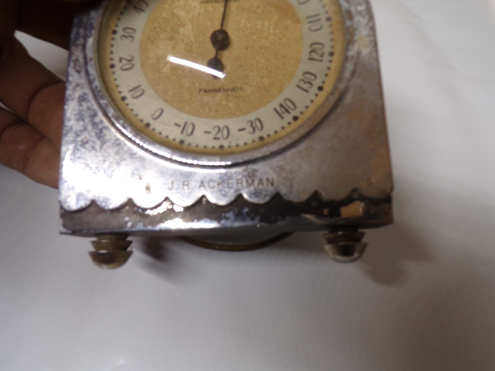 Old Metal Airguide Thermometer Engraved J R Ackerman