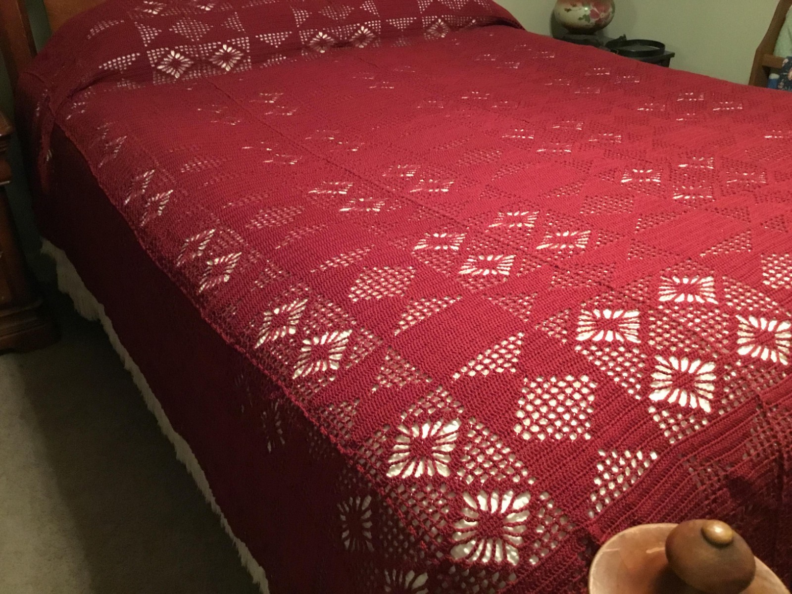 Crocheted Burgandy Bed Coverlet/Bedspread/Tablecloth 97 X 101