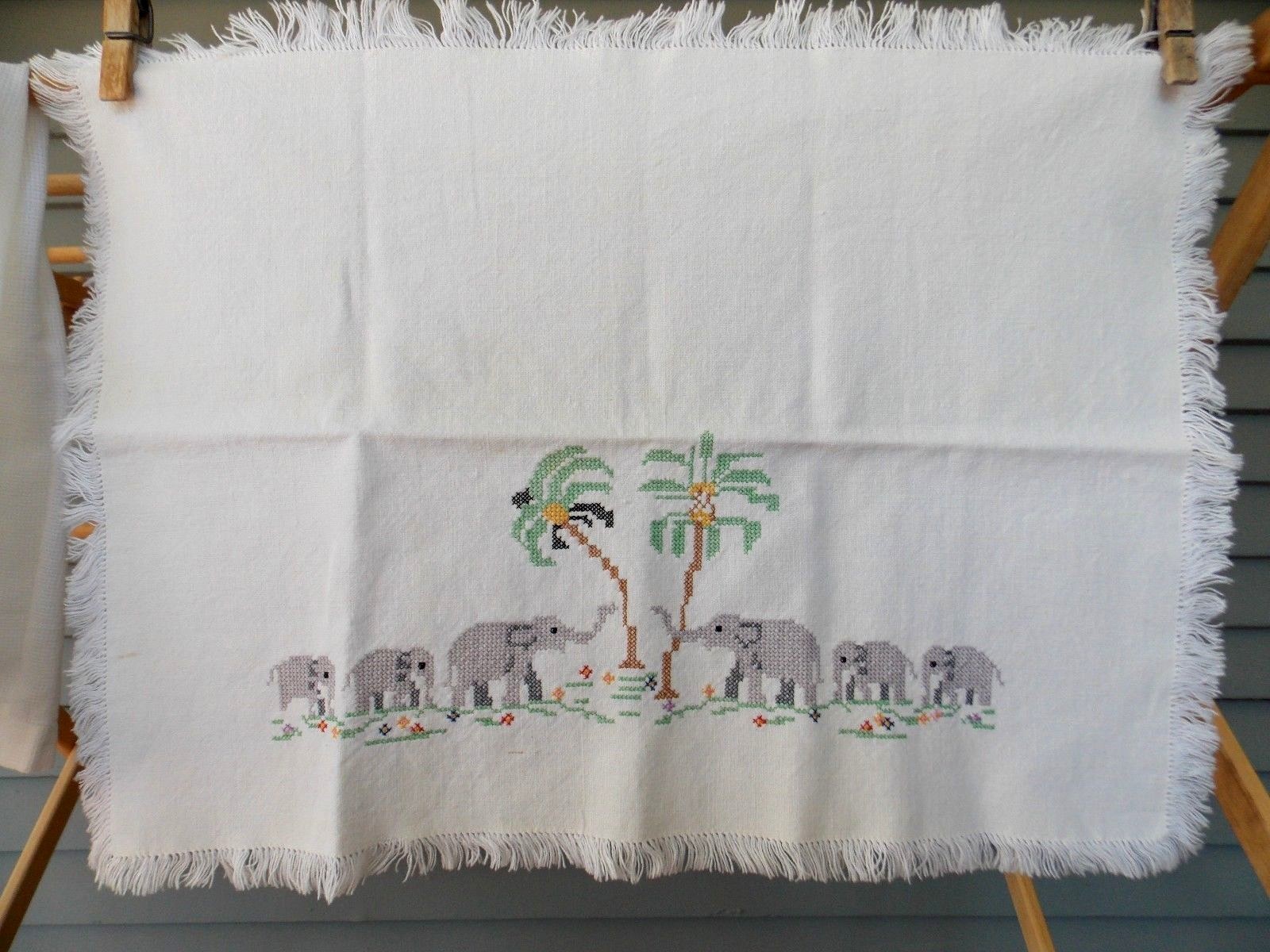 2 Vintage Embroidery Hand Towels Swami Cobra Elephants On White