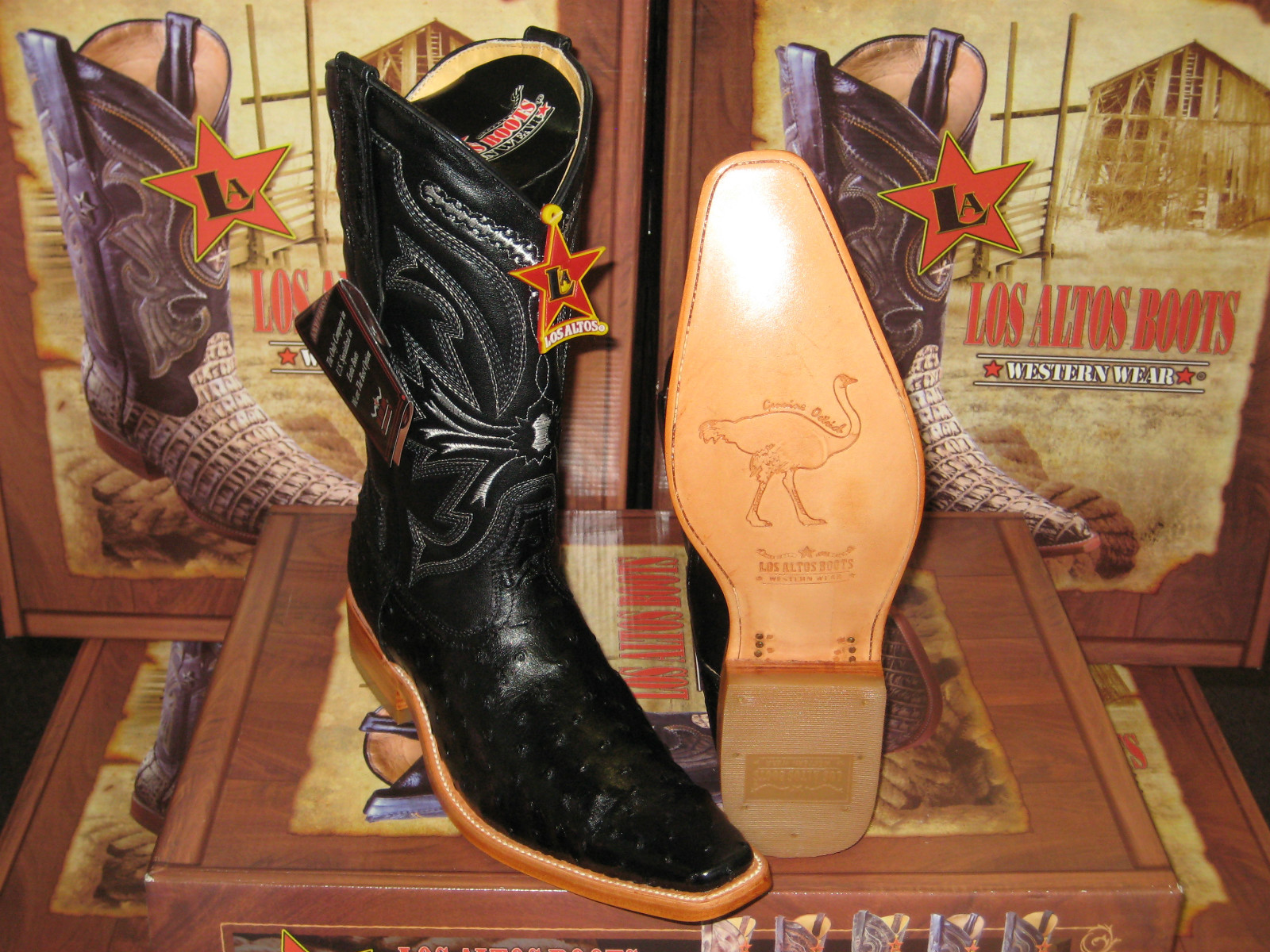 Pre-owned Los Altos Boots Los Altos Black Genuine Full Quill Ostrich Western Versage Square Toe Boot D