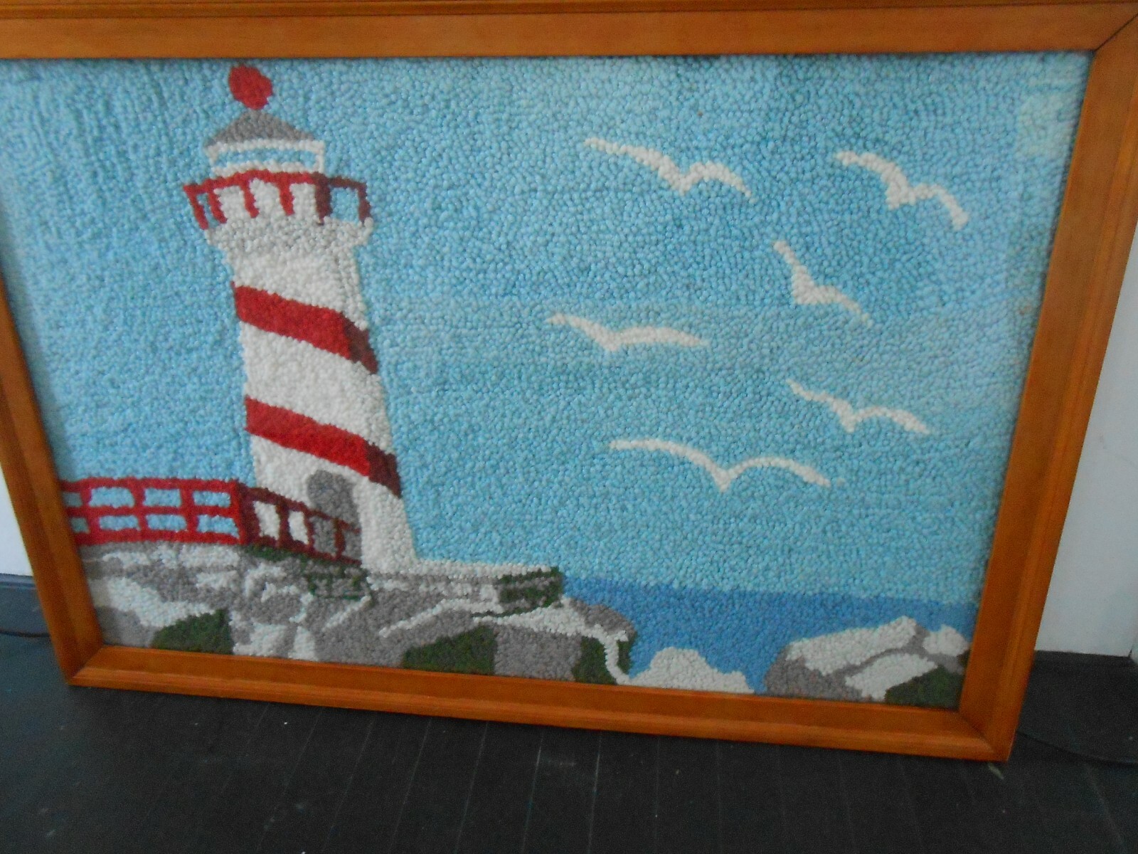 Vintage hand hooked large nautical rug framed 38X28 Maine lighthouse wool